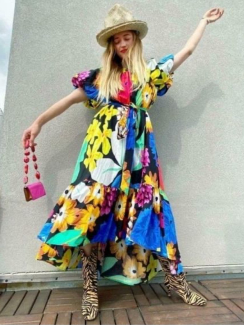 Christopher John Rogers Colorful Floral Puff-Sleeve Dress